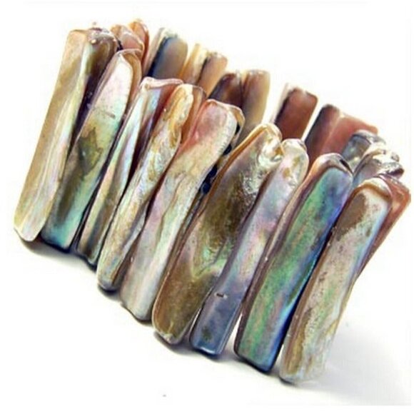 Rainbow Mother of Pearl Rustic Beach Resort Pool Sea Shell MOP Stretch Bracelet - Picture 2 of 3